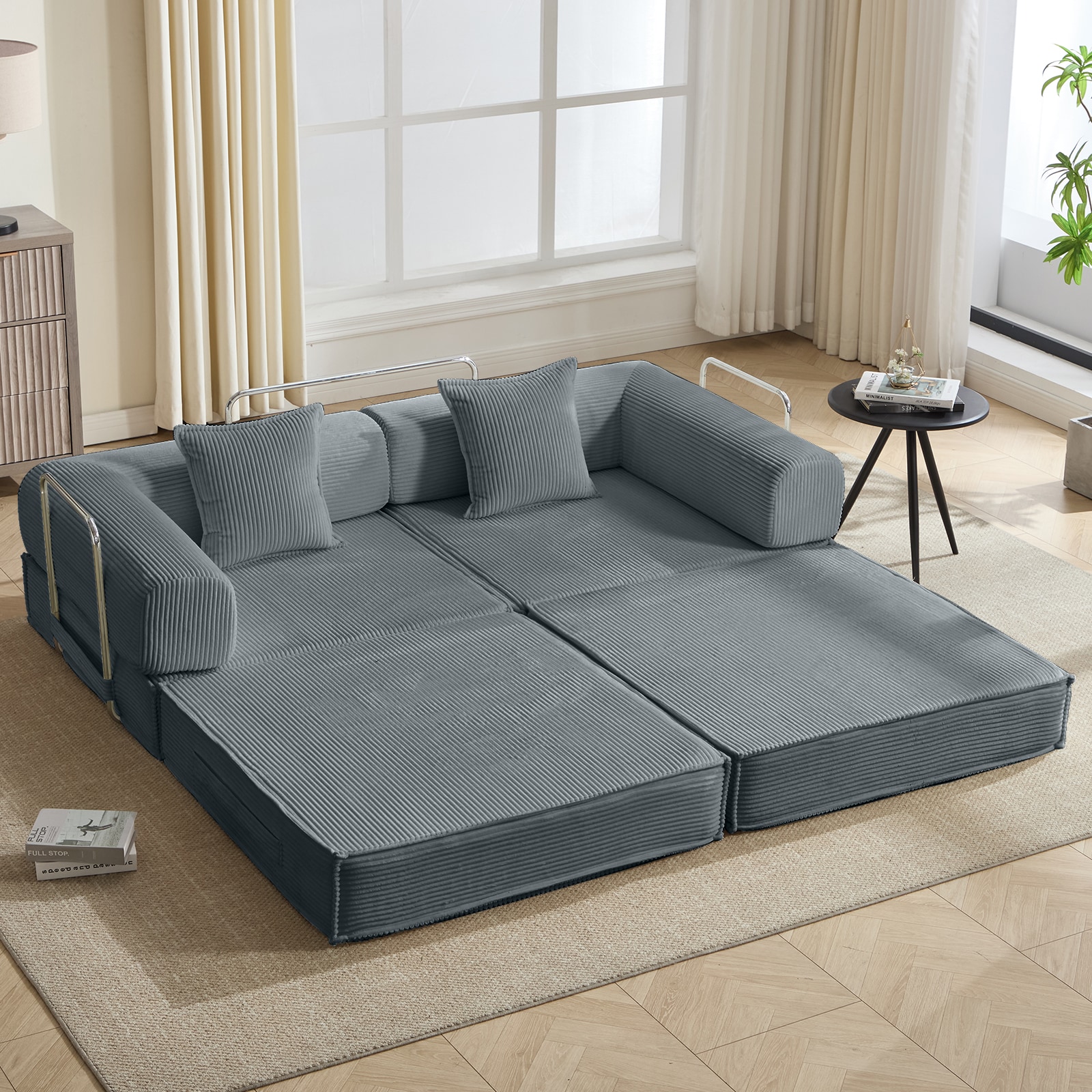 Convertible Sleeper Sofa Bed Grey Modular Corduroy Couch 2 Pillows_voghion.com